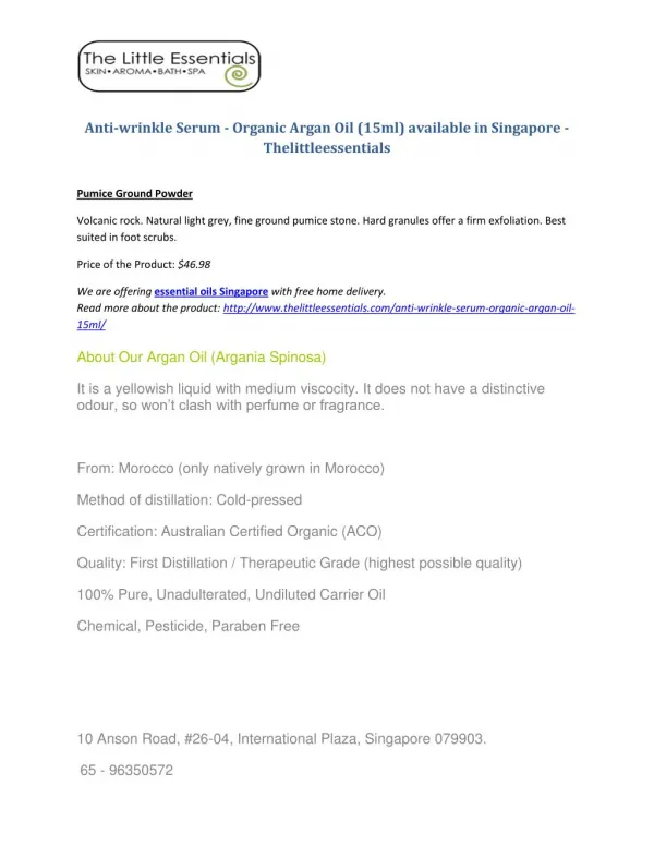 Anti-wrinkle Serum - Organic Argan Oil (15ml) available in Singapore - Thelittleessentials