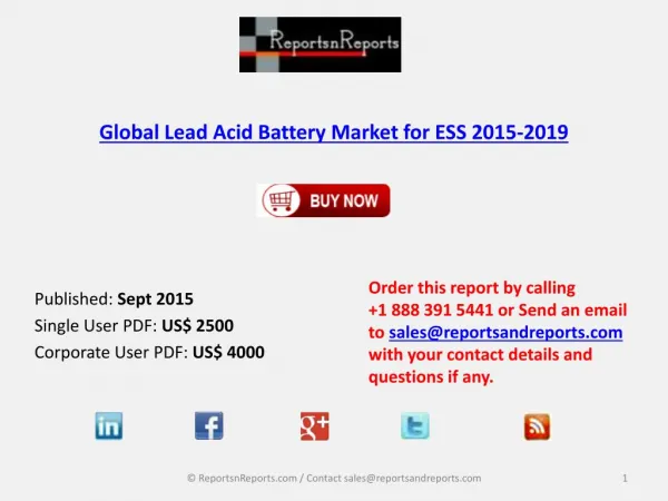 Global Lead Acid Battery Market for ESS 2015-2019