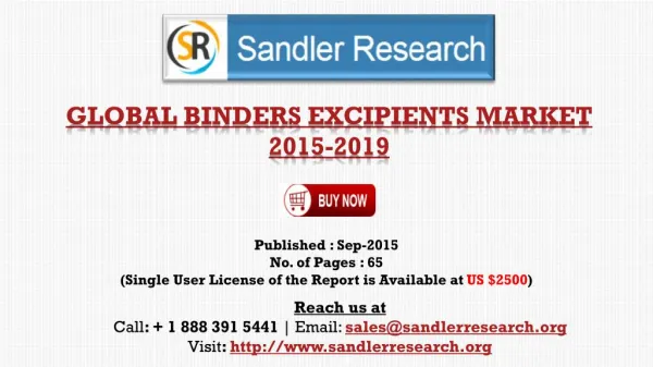 Global Binders Excipients Market Growth to 2019 Forecasts and Analysis Report