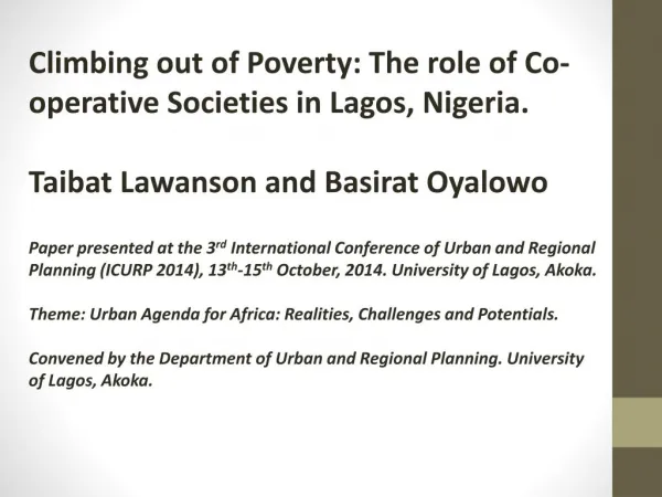 Climbing out of Poverty: The role of Co-operative Societies in Lagos, Nigeria.