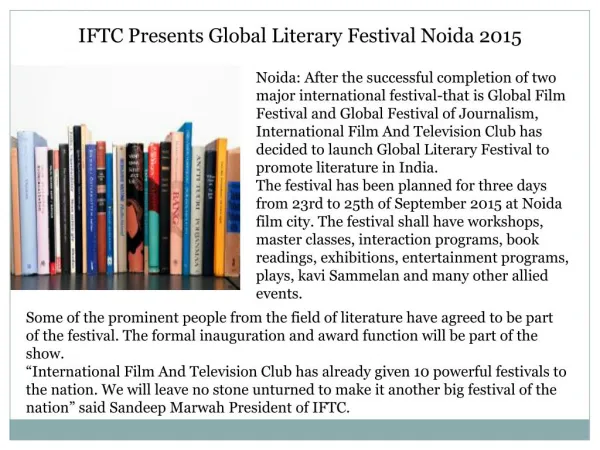 IFTC Presents Global Literary Festival Noida 2015