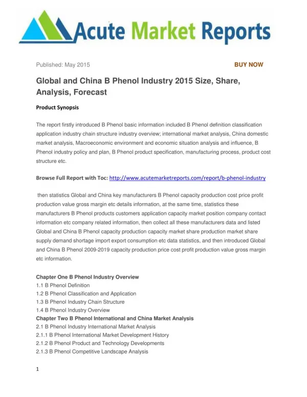 Global and China B Phenol Industry 2015 Size, Share, Analysis, Forecast