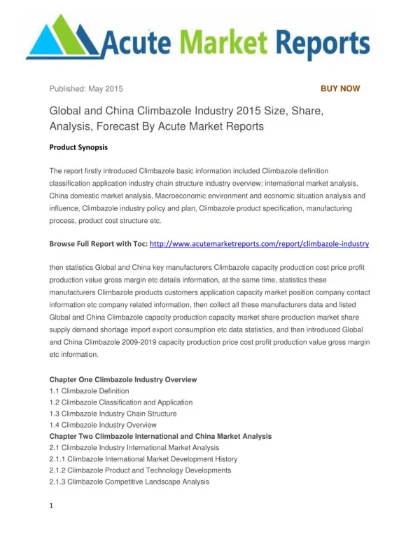 Global and China Climbazole Industry 2015 Size, Share, Analysis, Forecast By Acute Market Reports