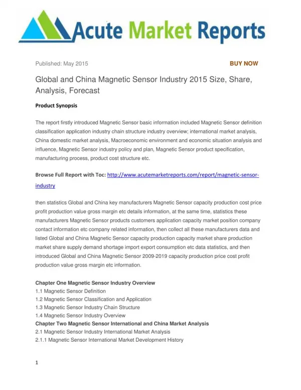 Global and China Magnetic Sensor Industry 2015 Size, Share, Analysis, Forecast