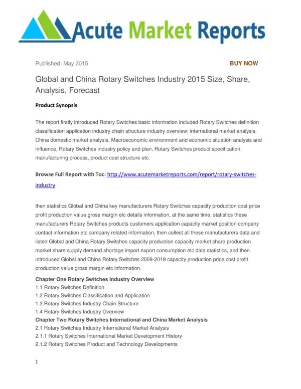 Global and China Rotary Switches Industry 2015 Size, Share, Analysis, Forecast