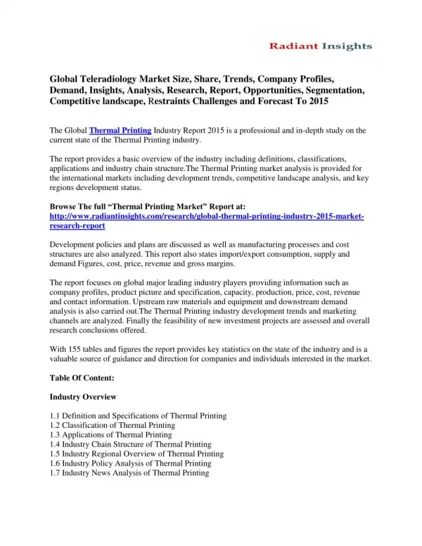 Global Thermal Printing Market Opportunities, Segmentation and Forecast to 2015