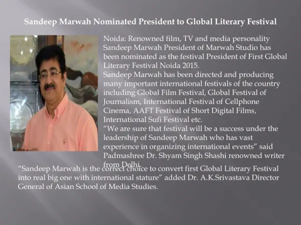 Sandeep Marwah Nominated President to Global Literary Festival