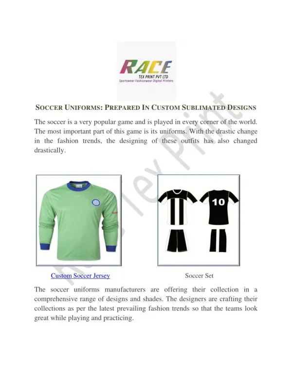 Soccer Uniforms Prepared In Custom Sublimated Designs