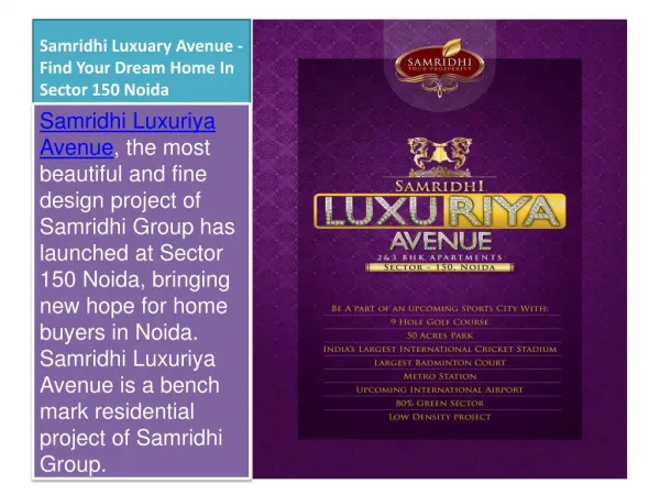 Samridhi Luxuriya Avenue Finest Property In Noida Sector 150
