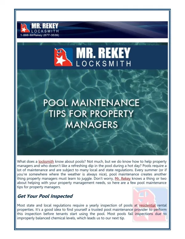Pool Maintenance Tips for Property Managers by Mr. Rekey Locksmith