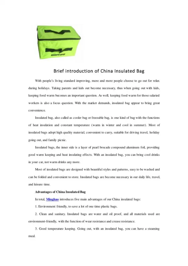 Brief introduction of China Insulated Bag
