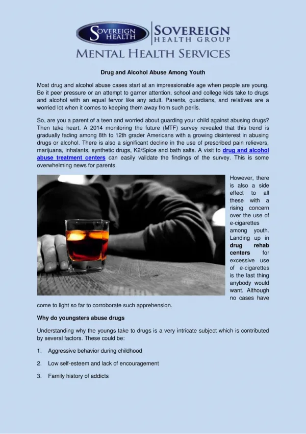Drug and alcohol abuse among youth
