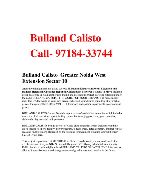 2 bhk flat in Noida Extension - Bulland Calisto Sector 10