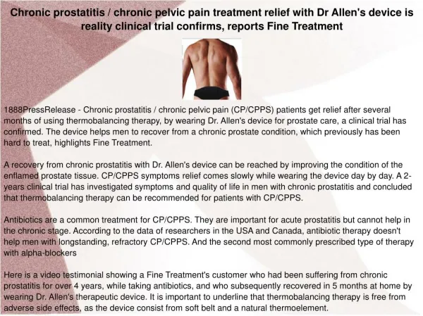 Chronic prostatitis / chronic pelvic pain treatment relief with Dr Allen's device is reality clinical trial confirms, re