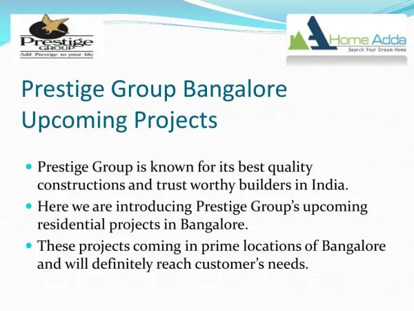 Prestige Group Bangalore Upcoming Projects