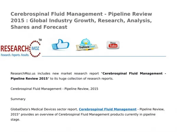 Cerebrospinal Fluid Management - Pipeline Review 2015
