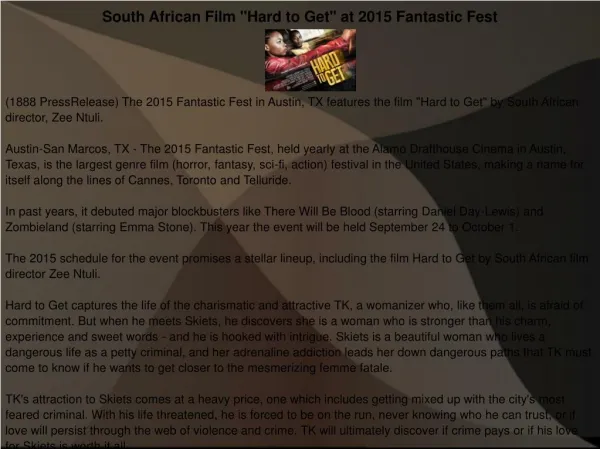 South African Film "Hard to Get" at 2015 Fantastic Fest