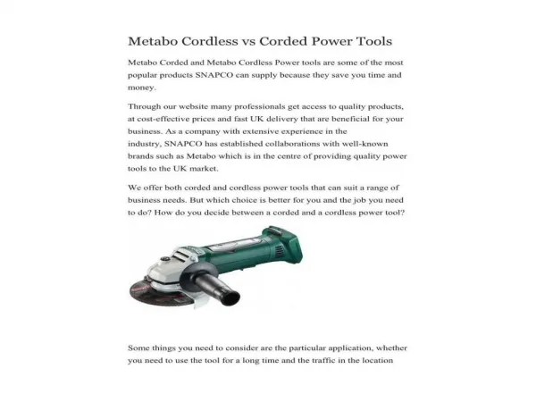 Metabo Cordless vs Corded Power Tools