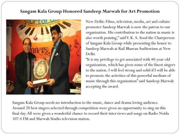 Sangam Kala Group Honored Sandeep Marwah for Art Promotion