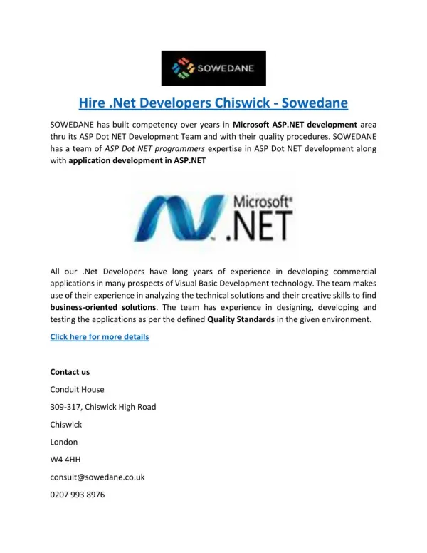 Hire .Net Developers Chiswick - Sowedane
