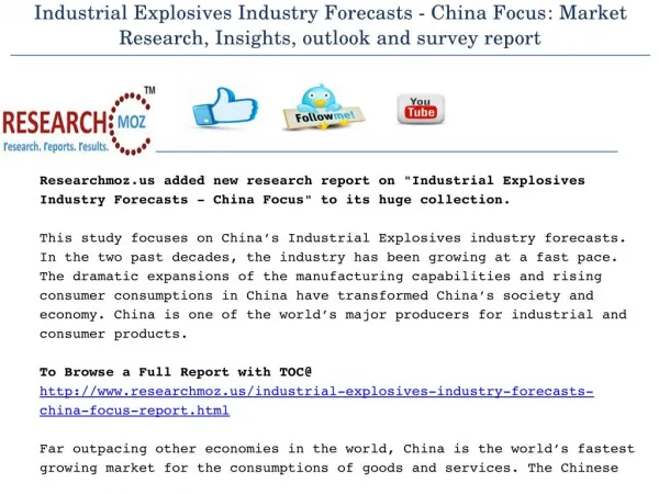 Industrial Explosives Industry Forecasts - China Focus: Market Research, Insights, outlook and survey report
