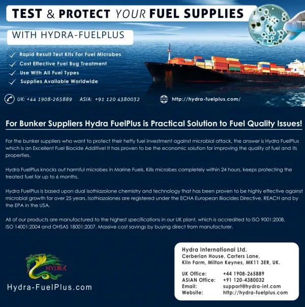 Best Fuel Additive Hydra FuelPlus - Prevents Microbial Contamination in Fuel Storage Tanks
