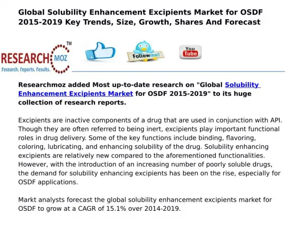 Global Solubility Enhancement Excipients Market for OSDF 2015-2019