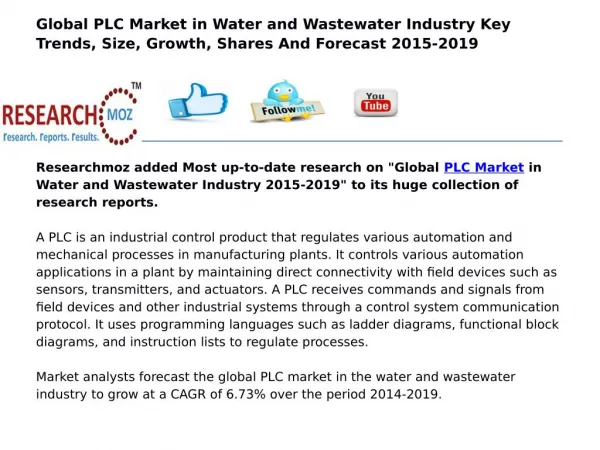 Global PLC Market in Water and Wastewater Industry 2015-2019