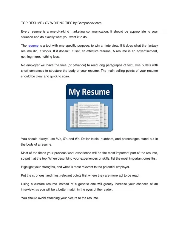 Top Recume / CV Writing Tips - Model Resumes Free Download @ Composecv.com
