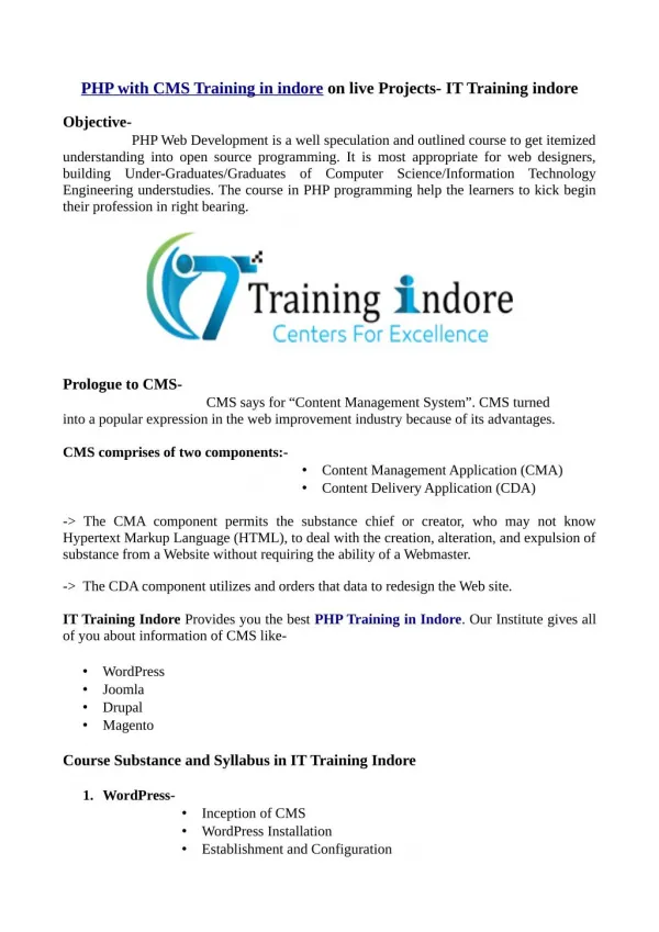 PHP with CMS training in Indore on live projects- IT Training Indore