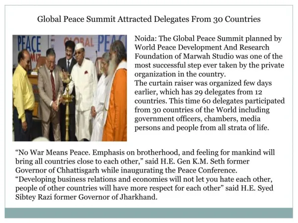 Global Peace Summit Attracted Delegates From 30 Countries