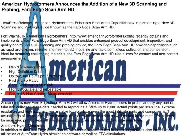 American Hydroformers Announces the Addition of a New 3D Scanning and Probing, Faro Edge Scan Arm HD