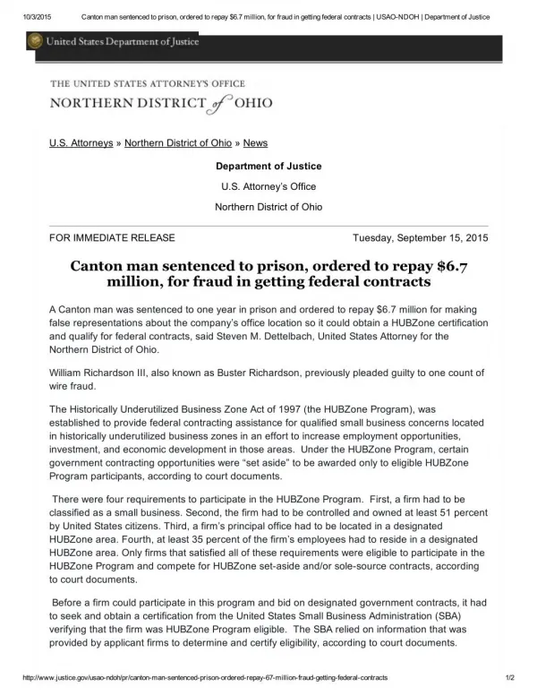 Blog 114 Canton Man Sentenced To Prison, Ordered To Repay $6.7 Million, For Fraud In Getting Federal Contracts