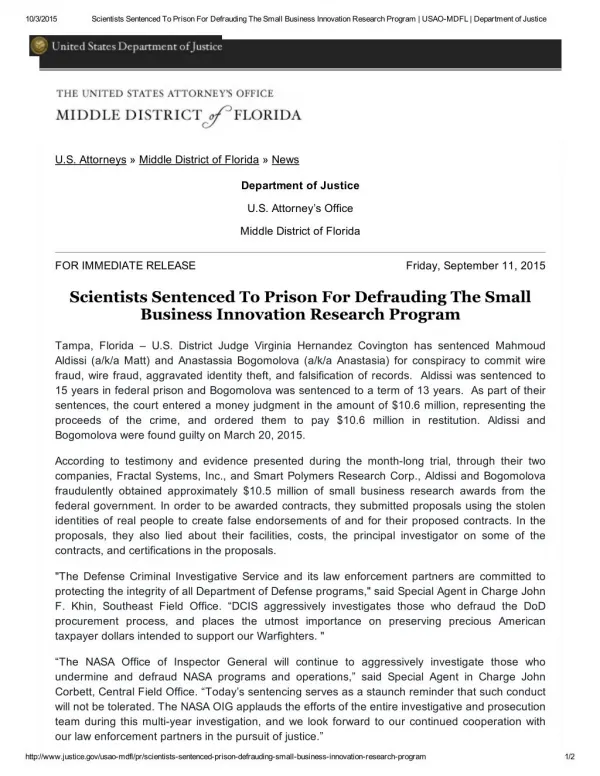Blog 115 Scientists Sentenced To Prison For Defrauding The Small Business Innovation Research Program _ USAO-MDFL _ D