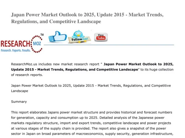 Japan Power Market Outlook to 2025, Update 2015 - Market Trends, Regulations, and Competitive Landscape