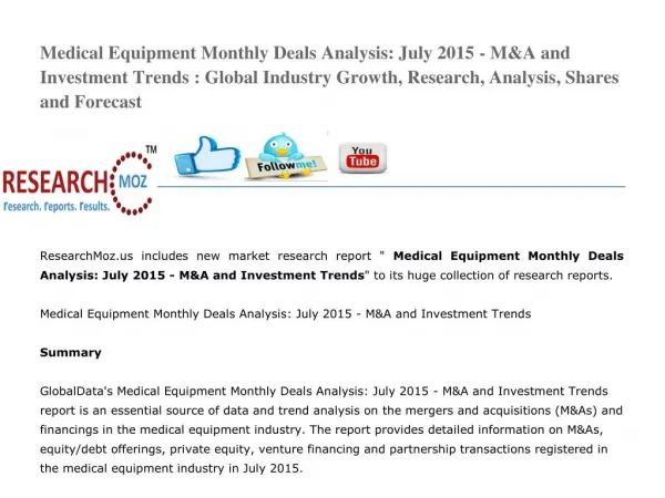 Medical Equipment Monthly Deals Analysis: July 2015 - M&A and Investment Trends
