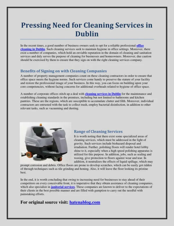 Pressing Need for Cleaning Services in Dublin