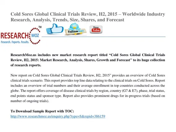Cold Sores Global Clinical Trials Review, H2, 2015