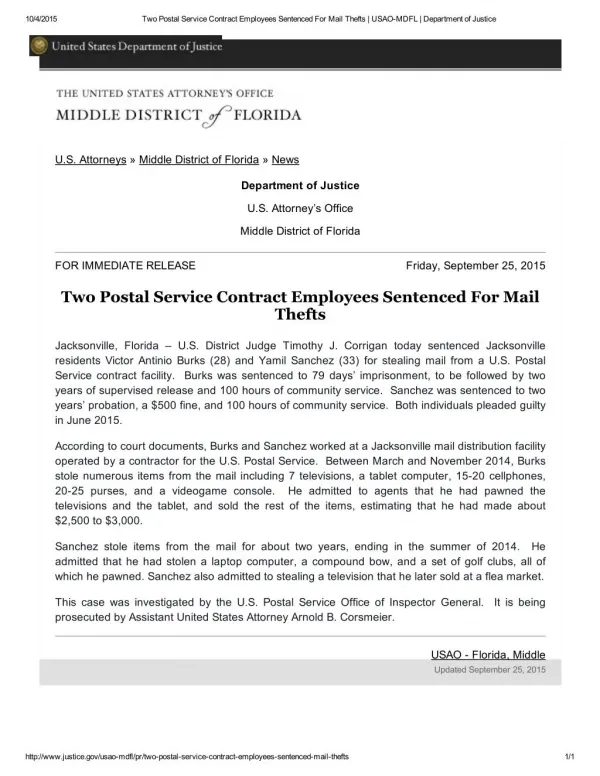 Blog 120 Two Postal Service Contract Employees Sentenced For Mail Thefts _ USAO-MDFL _ Department of Justice