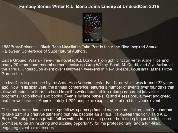 Fantasy Series Writer K.L. Bone Joins Lineup at UndeadCon 2015