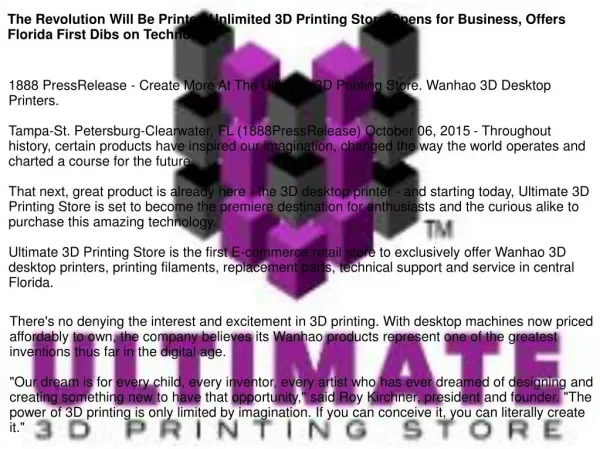 The Revolution Will Be Printed Unlimited 3D Printing Store Opens for Business, Offers Florida First Dibs on Technology