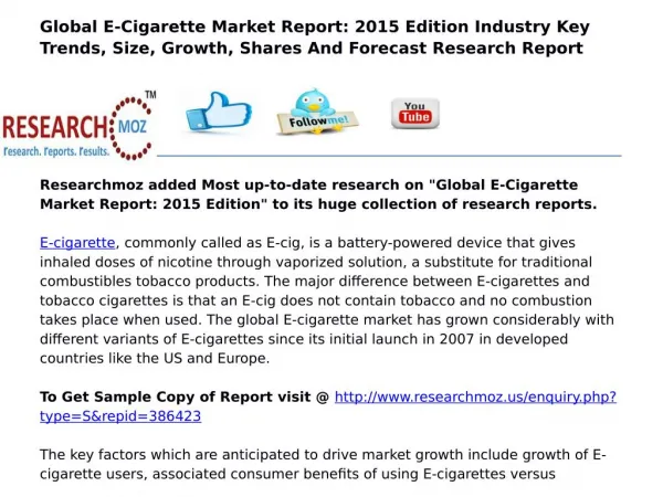 Global E-Cigarette Market Report: 2015 Edition