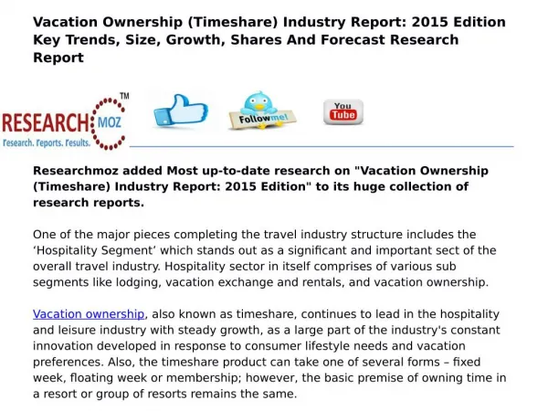 Vacation Ownership (Timeshare) Industry Report: 2015 Edition