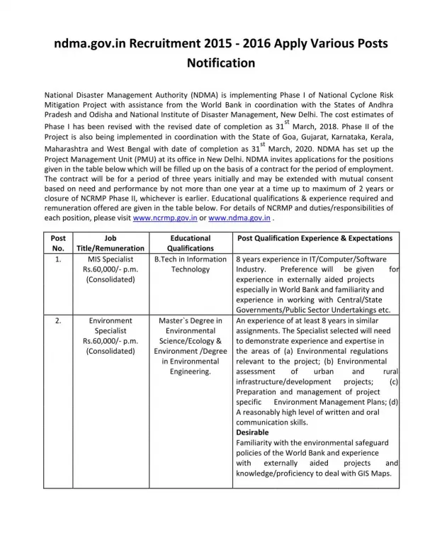 Ndma.gov.in Recruitment 2015 - 2016 Apply Various Posts Notification