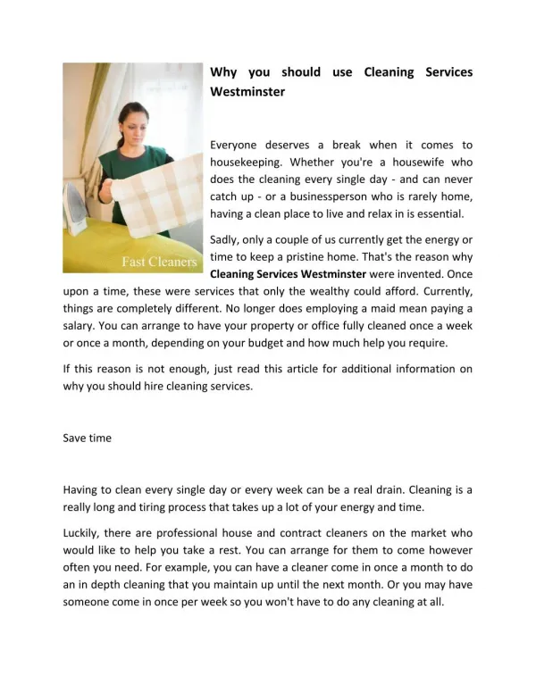 Why you should use Cleaning Services Westminster