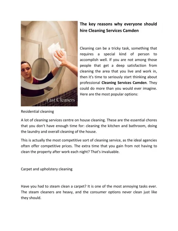The key reasons why everyone should hire Cleaning Services Camden