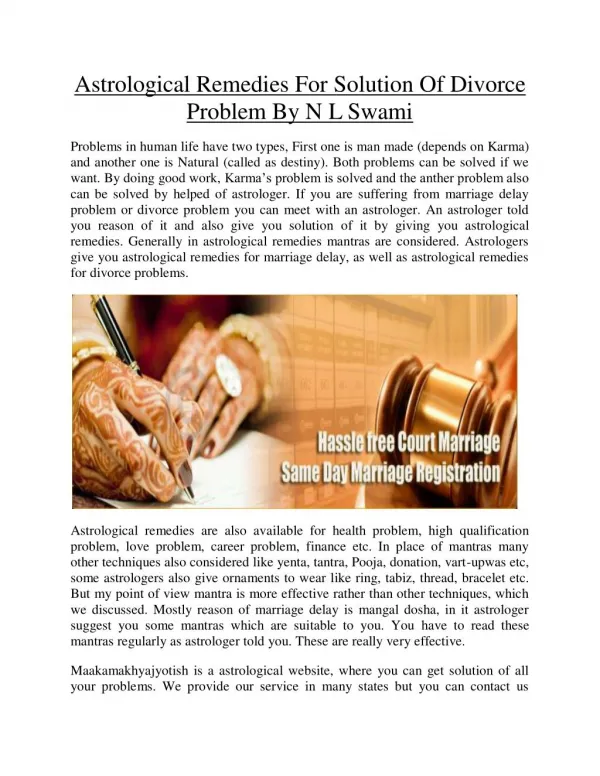 Astrological Remedies For solution of divorce problem by N L Swami