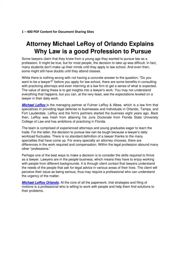 Attorney Michael LeRoy of Orlando Explains Why Law is a good Profession to Pursue