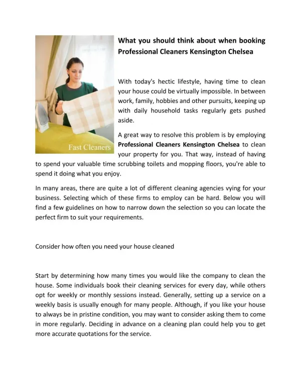 What you should think about when booking Professional Cleaners Kensington Chelsea