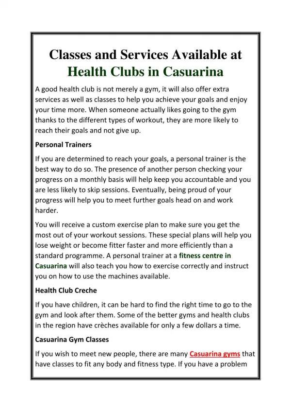 Classes and Services Available at Health Clubs in Casuarina
